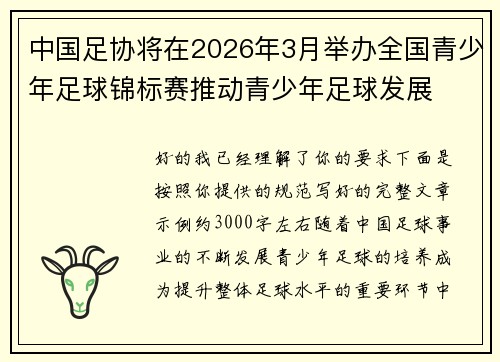 中国足协将在2026年3月举办全国青少年足球锦标赛推动青少年足球发展